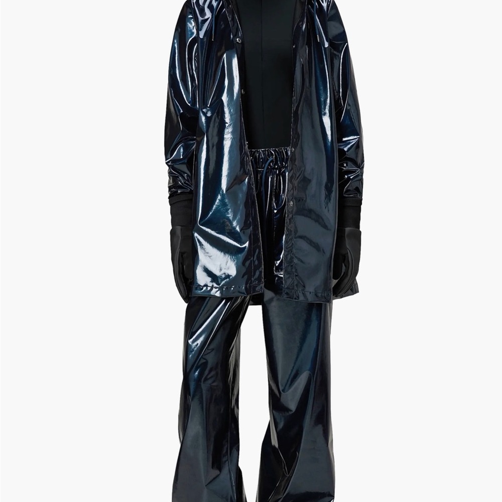 RAINS A-Line Long Jacket W3 Hooded | `Spill’ Shiny Dark Blue | Women L | NWT NEW - Picture 4 of 8